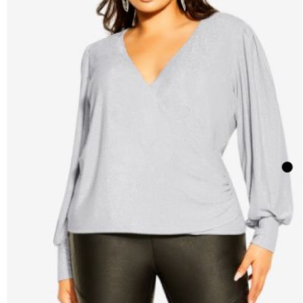 City Chic Faux Wrap Glowing Metallic Lurex Blouse SILVER Plus Sz 20